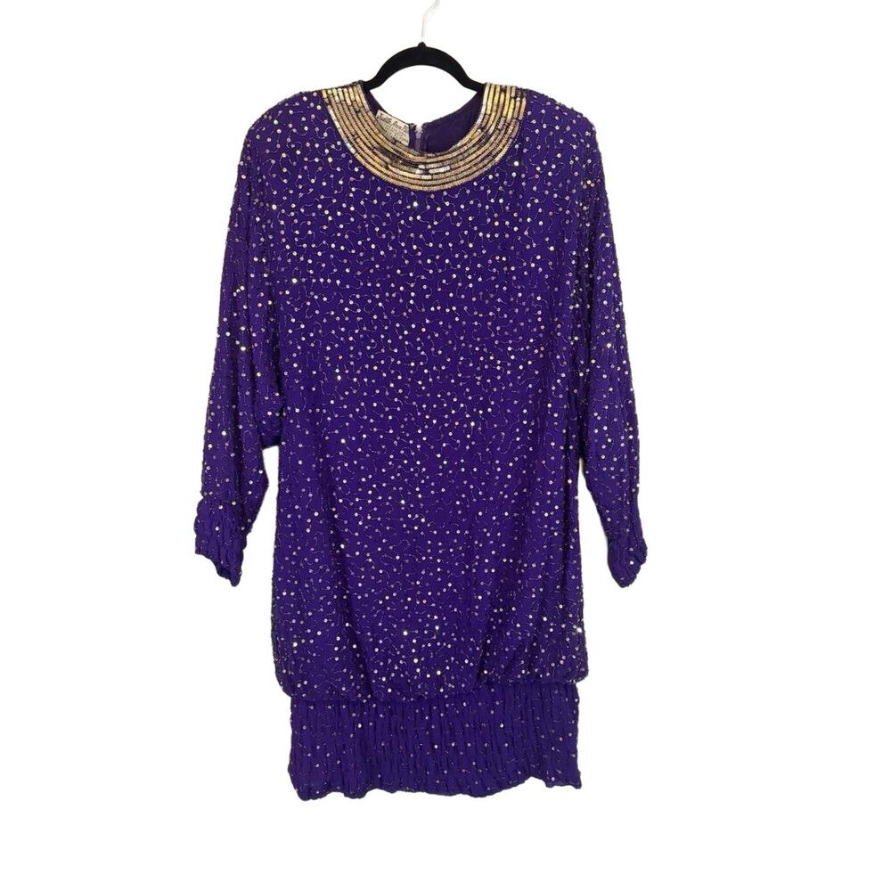 Vintage 80s Judith Ann Embellished Silk Dress Purple 1X